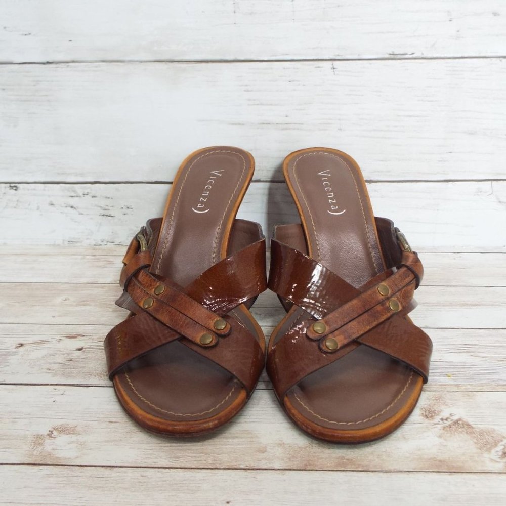 Vicenza Brown Leather Carmen Heeled Mule Sandals Size 39 - Picture 2 of 14